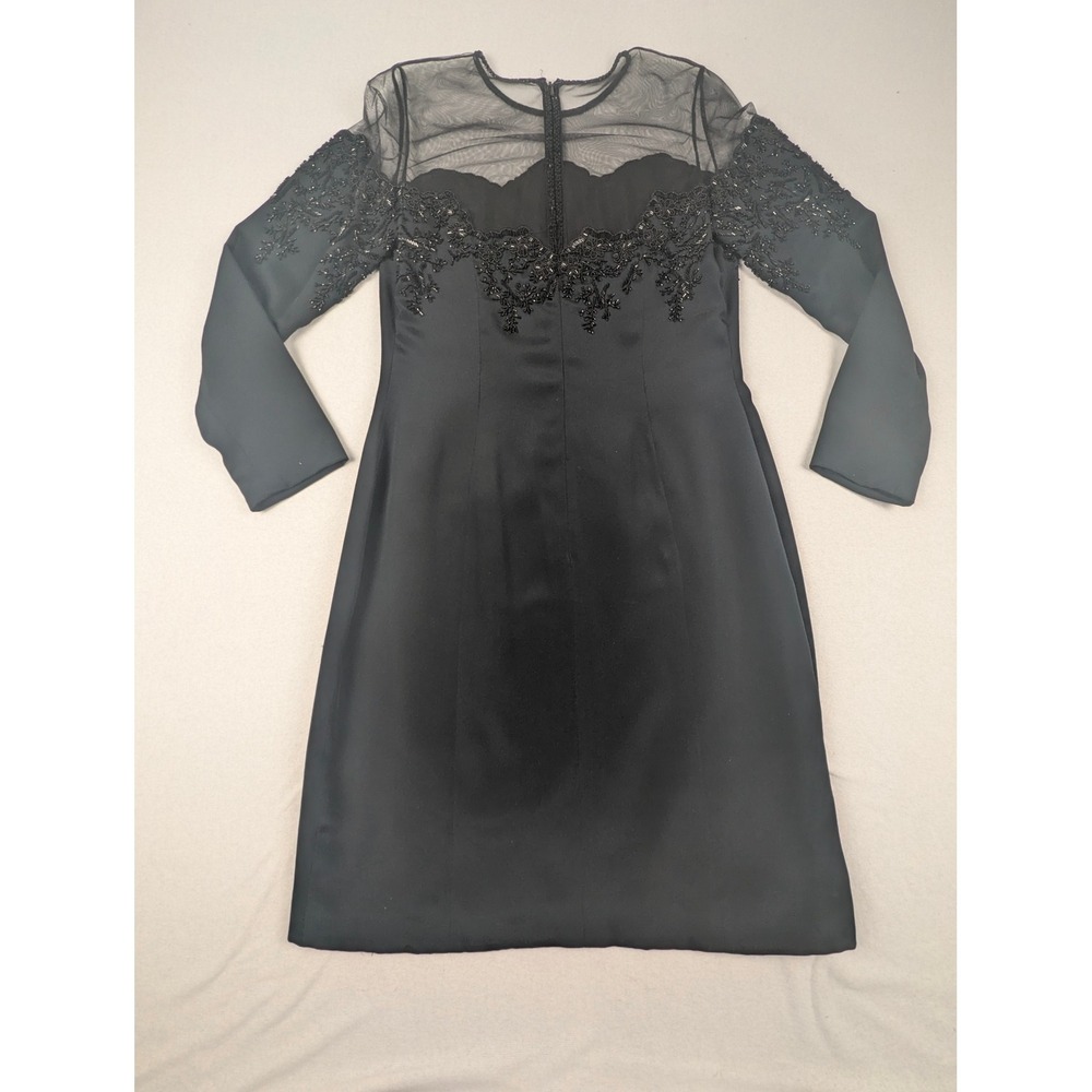 Oleg Cassini Black Tie Silk Beaded Illusion Dress Black Long Sleeve Size 8 - Picture 2 of 16